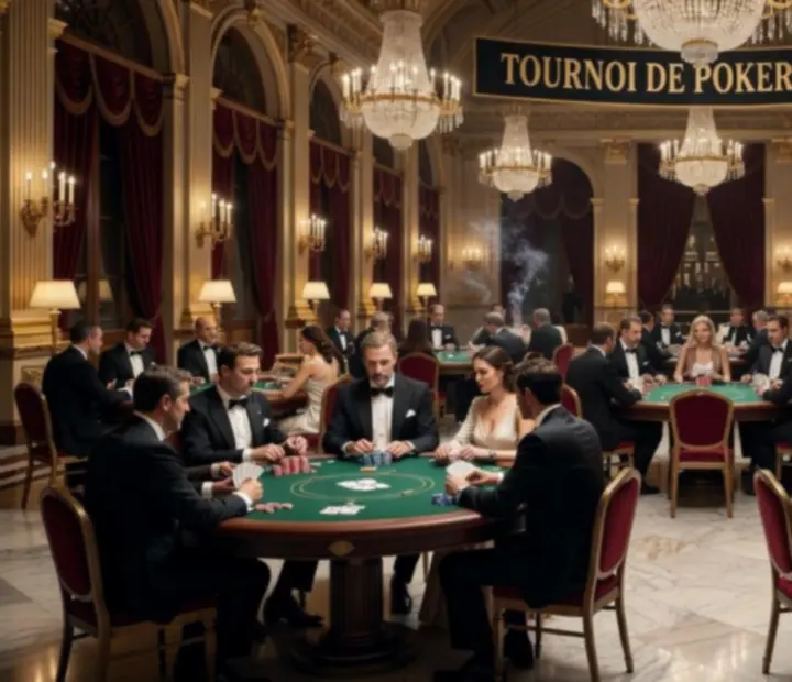 Photographie cinématique d'une grande salle de tournoi de poker en France