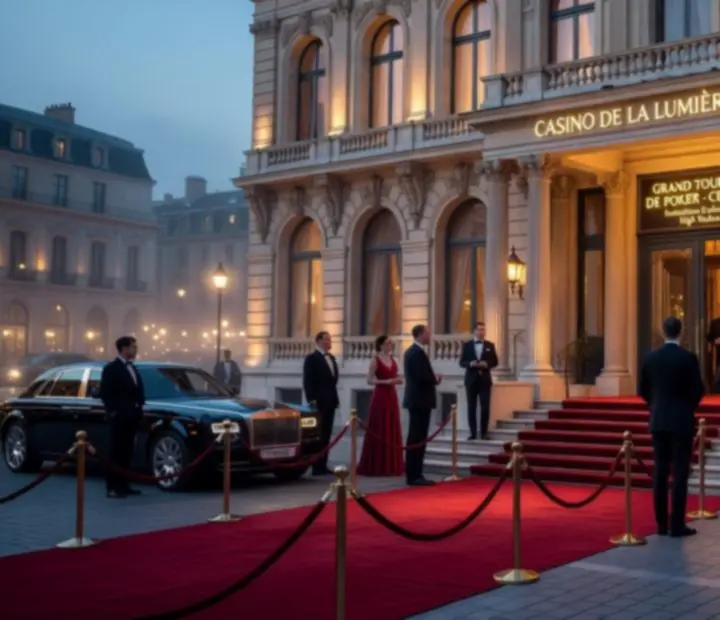 Façade d'un élégant casino français illuminé avant un tournoi de poker live