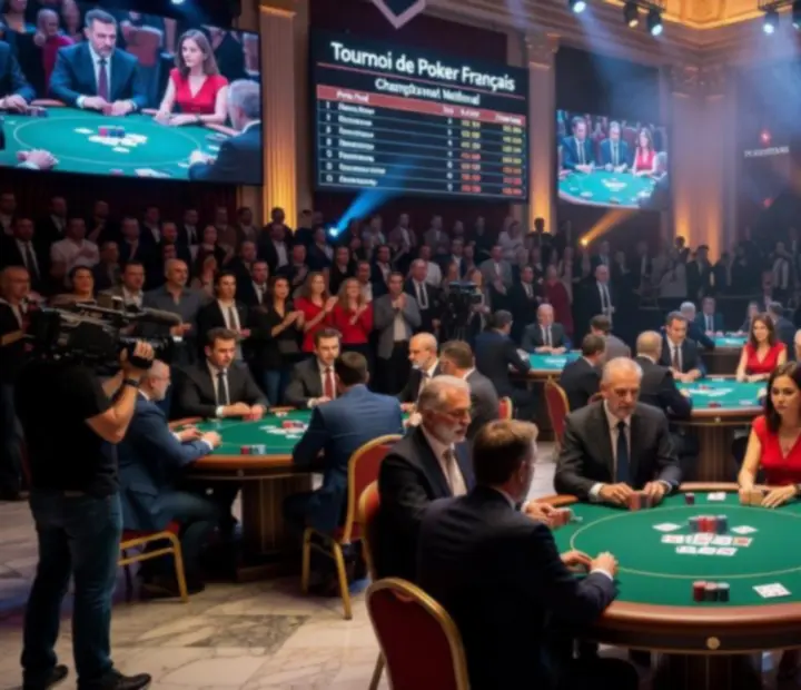 Salle de tournoi de poker en pleine action pendant une couverture en direct