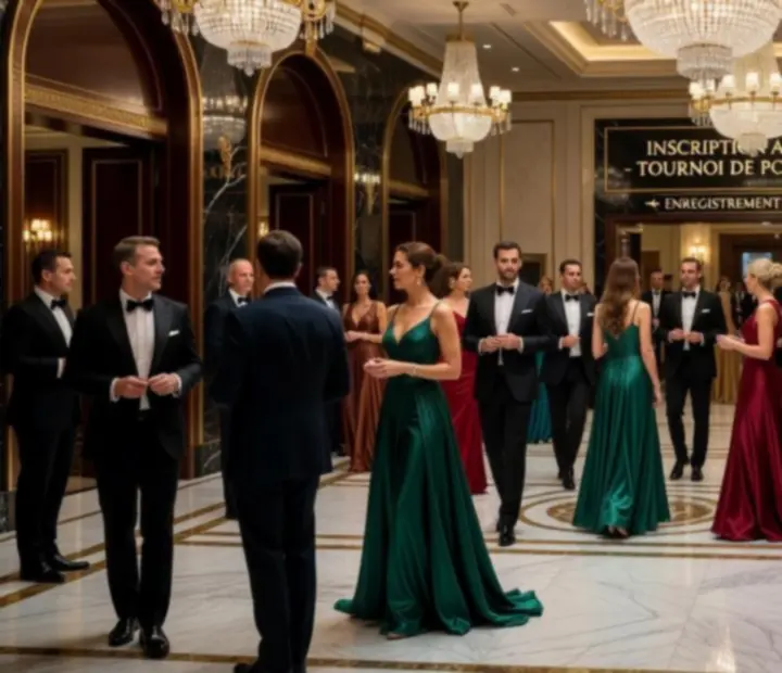 Joueurs dans le lobby d'un casino français avant un tournoi de poker