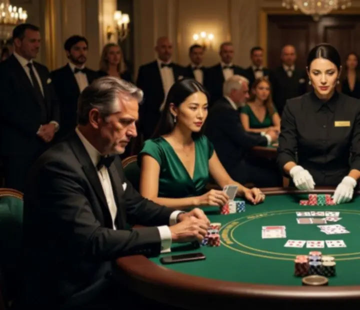 Vue d’ensemble d’une salle de tournoi de poker avec tables, joueurs et lumières de scène
