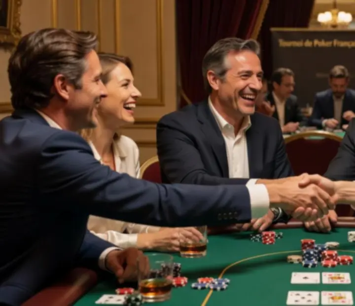Moments de convivialité entre joueurs de poker autour d'une table de tournoi