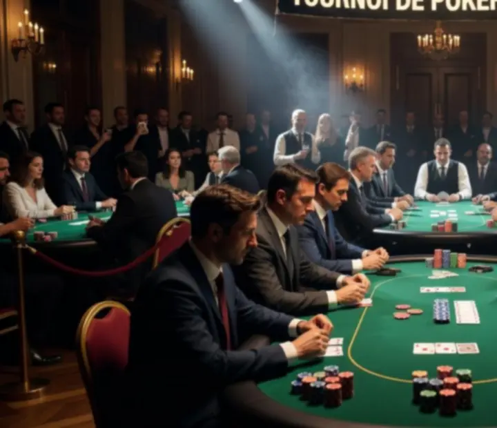 Grande salle de poker avec tables alignées et éclairage théâtral