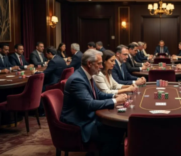 Intérieur chaleureux d’une salle de tournoi avec tables de poker alignées