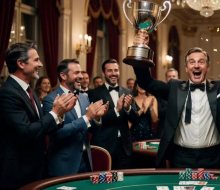 Joueurs de poker français levant un trophée lors d'une table finale en France